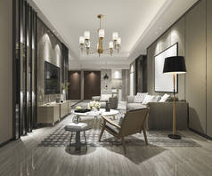 3d 渲染奢华和现代客厅的沙发和餐桌