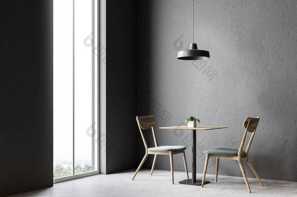木椅和<strong>桌子</strong>站在灰色的墙房里, 里面有一层混凝土地板和一盏挂在<strong>桌子</strong>上面的灯。一个拱形的窗口。3d 渲染模拟