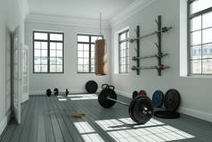 健身室用不同举重设备哑铃、杠铃、壶
