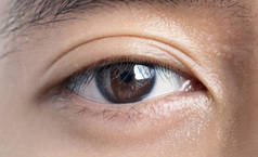 亚洲男性的眼睛特写。暗褐色眼睛的纹理是可见的。宏详细信息