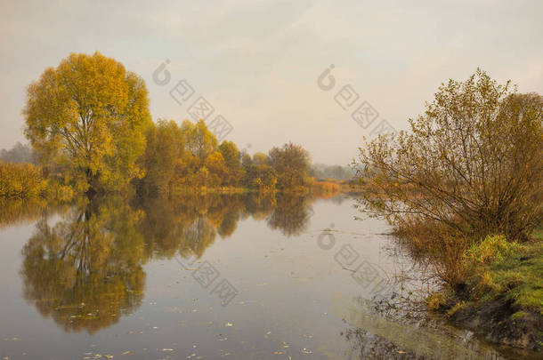 乌克兰 Sumskaya 州秋季时节, Vorskla 河上有柔和色调的晨景。