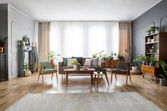 真正的照片, 一个宽敞的, 老式的客厅内部与沙发之间的两个椅子和后面的桌子站在一个柜子旁边, 一个宽阔的窗口, 地毯和许多植物