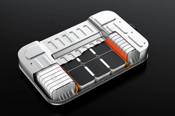 电动车辆电池组的剖面图, 黑色背景。3d 渲染图像.