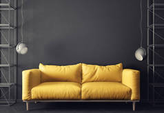 现代客厅与黄色沙发和灯, 斯堪的纳维亚室内设计家具