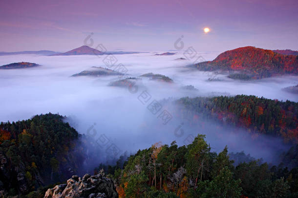 朦胧的<strong>夜景</strong>观与月亮。捷克秋季风景。丘陵和村庄有雾的早晨。波希米亚瑞士公园的早晨秋天谷, Ceske Svycarsko, 狂放的<strong>欧洲</strong>。山间雾.