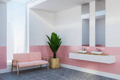 一个时尚的浴室内饰与双水槽, 两个垂直镜子和粉红色的沙发附近的一个角落, 粉红色和白色的墙壁。3d 渲染