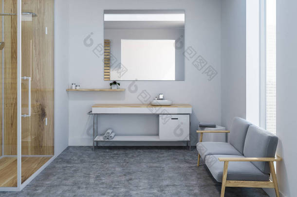 舒适的<strong>浴室</strong>内饰与白色的墙壁, 一个木制<strong>淋浴</strong>与玻璃<strong>门</strong>, 水槽和灰色的沙发。3d 渲染