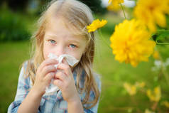 可爱的小女孩在夏天的时候用美丽的黄色 coneflowers 吹她的鼻子。小孩子过敏和哮喘问题。健康生活.