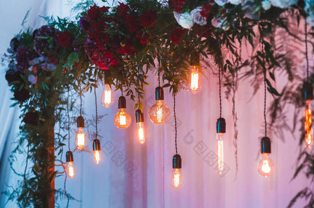 婚礼<strong>招待</strong>会装饰用电爱迪生电灯泡和新鲜的红色花, 质朴样式