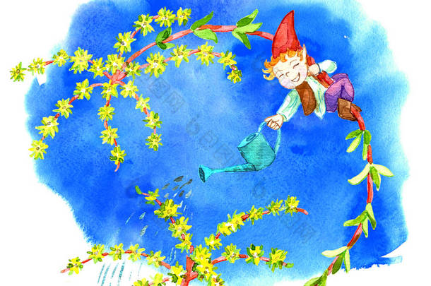 红帽上的小侏儒在蓝色的背景下浇灌肉质。水彩卡通涂鸦插图, 植物学和幻想图纸打印, 贺卡, 海报, 邀请