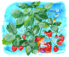 有趣的小侏儒在蓝色的背景下吃草莓。水彩卡通涂鸦插图, 植物学和幻想图纸打印, 贺卡, 海报, 邀请
