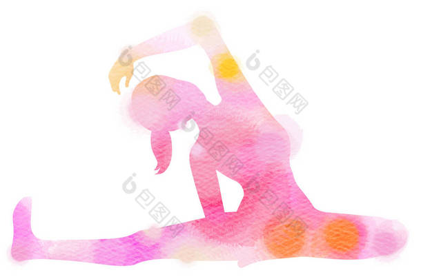 水彩瑜伽<strong>女性剪影</strong>在白色背景。数码艺术画.