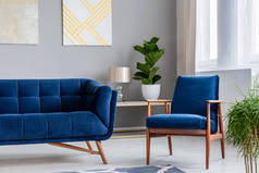 真正的照片的复古扶手椅旁边的现代沙发与植物, 灯和绘画背景在客厅内