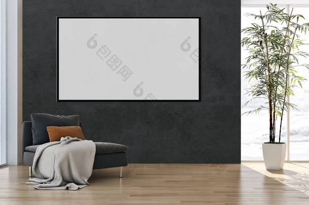 现代明亮的室内公寓与模拟海报框架插图3d 渲染计算机生成的图像