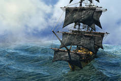 海盗船在海上航行, 3d 渲染