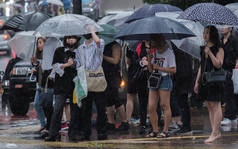 日本东京-2018年7月29日。在雨季的台风季节, 人们等着用雨伞过马路。.