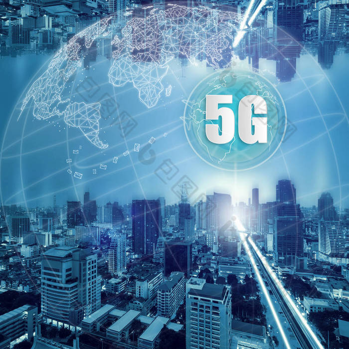 5g 网络无线系统和物联网、智能城市和通信网络并连接在一起, 连接全球无线设备.