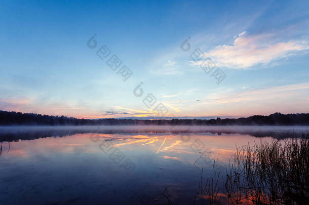 美丽, 粉红色的紫罗兰黎明在湖上。湖面上的雾气, 太阳的光芒, 浓雾, 黎明, 湖面上的蓝天, 清晨来, 森林在水中反射.