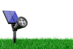 户外花园 Led 聚光灯与太阳能电池板在草地上的白色背景。3d 渲染.