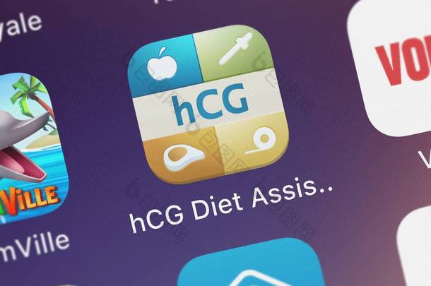 英国伦敦-2018年9月29日: iphone 上 nanobit无关软件. com 图标上的 hcg 饮食助理移动应用程序的屏幕截图.
