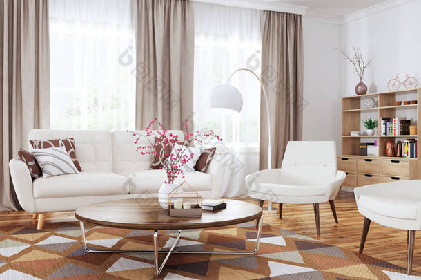 现代室内客厅与白色沙发, 扶手椅和茶几3d 渲染