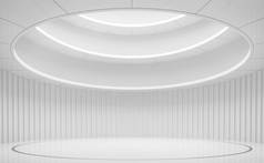 现代白色空间内部与圆形3d 渲染。有一个圆圈形状的天花板到几层楼的房间.
