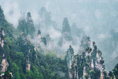 中国湖南武陵源雾云中张家界石柱悬崖山的著名旅游胜地