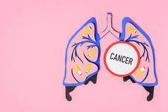 在粉红色的香烟和刻字癌症的人肺的顶部视图