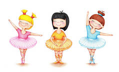 手绘图片的三小美丽的芭蕾舞演员在不同的位置在白色背景的颜色铅笔