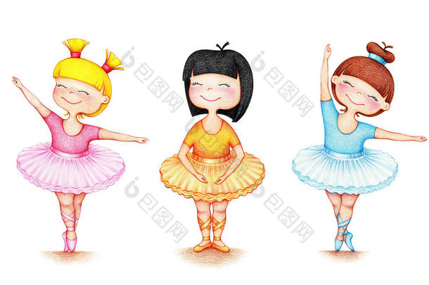 <strong>手绘图片</strong>的三小美丽的芭蕾舞演员在不同的位置在白色背景的颜色铅笔