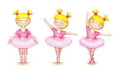 手绘图片的小美丽的芭蕾舞演员在三个不同的位置在白色背景的彩色铅笔
