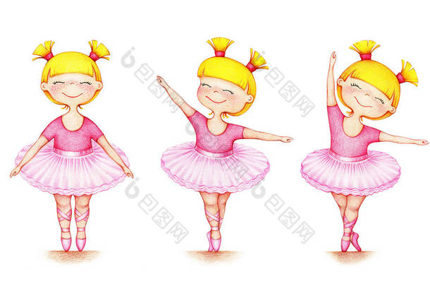 手绘图片的小美丽的芭蕾舞演员在三个不同的位置在白色背景的彩色铅笔