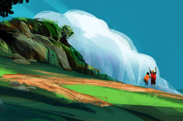 一对夫妇站在高山上, 立着高山和蓝天, <strong>数字插画</strong>艺术绘画风格。(宽屏)
