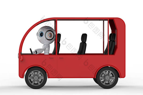运输技术概念与3d 渲染机器人驾驶迷你巴士在白色背景