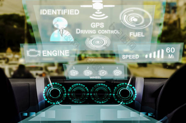 未来派智能汽车 (hud) 与驾驶舱在车和<strong>自驾游</strong>方式汽车自动驾驶仪, 概念互联网的事情 (iot) 未来汽车和替代能源, 以帮助减少温室效应.
