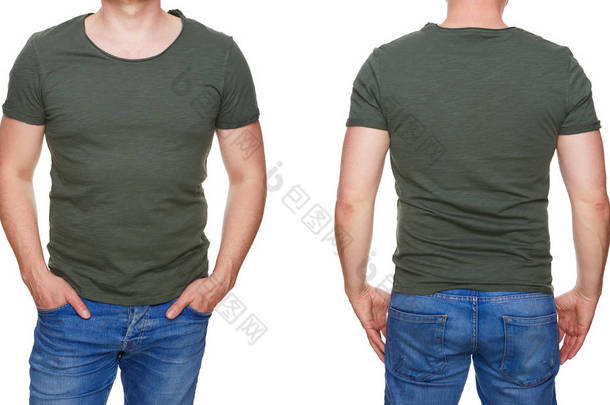 t恤设计-年轻人在空白的卡其色绿色 t恤前面和后面查出在白色