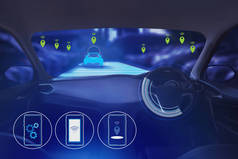 内部视图、显示屏幕和自动自驾驶。电动汽车技术.