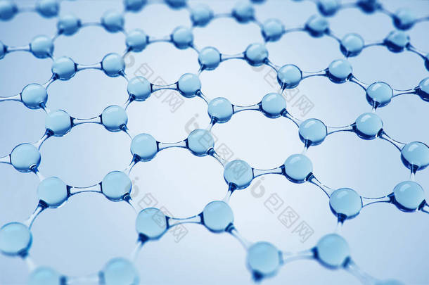 蓝色分子在蓝色背景上形成六角形结构。医学理念与科学发展。3d 渲染