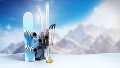冬季旅游的概念滑雪板和滑雪在雪地3d
