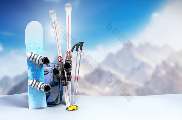 冬季旅游的概念滑雪板和滑雪在雪地3d