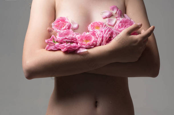 女性乳房和娇嫩的粉红色花朵。色情内衣。乳房护理、乳房专科和癌症预防。美丽的女性身体。花卉天然化妆品