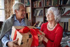 年长的夫妇交换圣诞礼物在家里