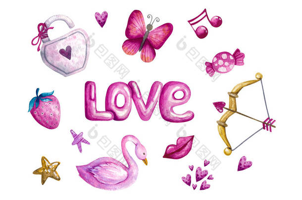 Set of watercolor tender pink elements on white background for Valentines Day - lettering, swan, str