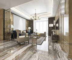 3d 渲染豪华经典客厅与大理石瓷砖和书架
