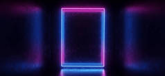 现代优雅的科幻未来派黑暗划痕金属混凝土大房间与反射纹理霓虹灯发光矩形框架形状紫色蓝色3d 渲染插图