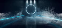 科幻未来派暗反射混凝土霓虹灯发光蓝色圆形形状的光与条纹灯明亮的烟雾和雾空空间3d 渲染插图
