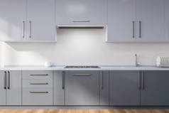 简约的厨房内饰, 白色墙壁, 木地板, 深灰色台面与内置的炊具和水槽和浅灰色的橱柜。3d 渲染