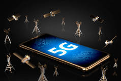 智能手机与5克字母在屏幕上奠定了网络塔和卫星周围。3d 渲染