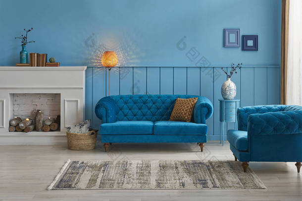 蓝色沙发和墙体概念，内饰橙色灯，框架中桌风格.