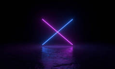 3d 抽象背景渲染, 两个粉红色和蓝色的霓虹灯在地面上, 微波和合成波插图.